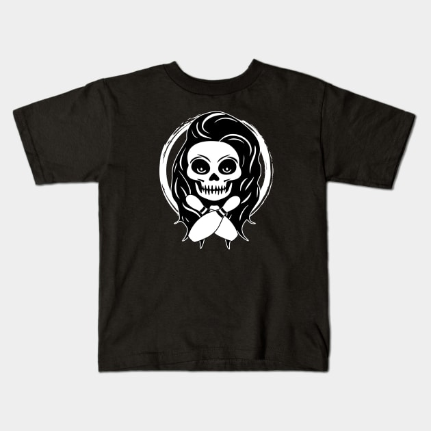 Female Bowler Skull and Bowling Pins White Logo Kids T-Shirt by Nuletto